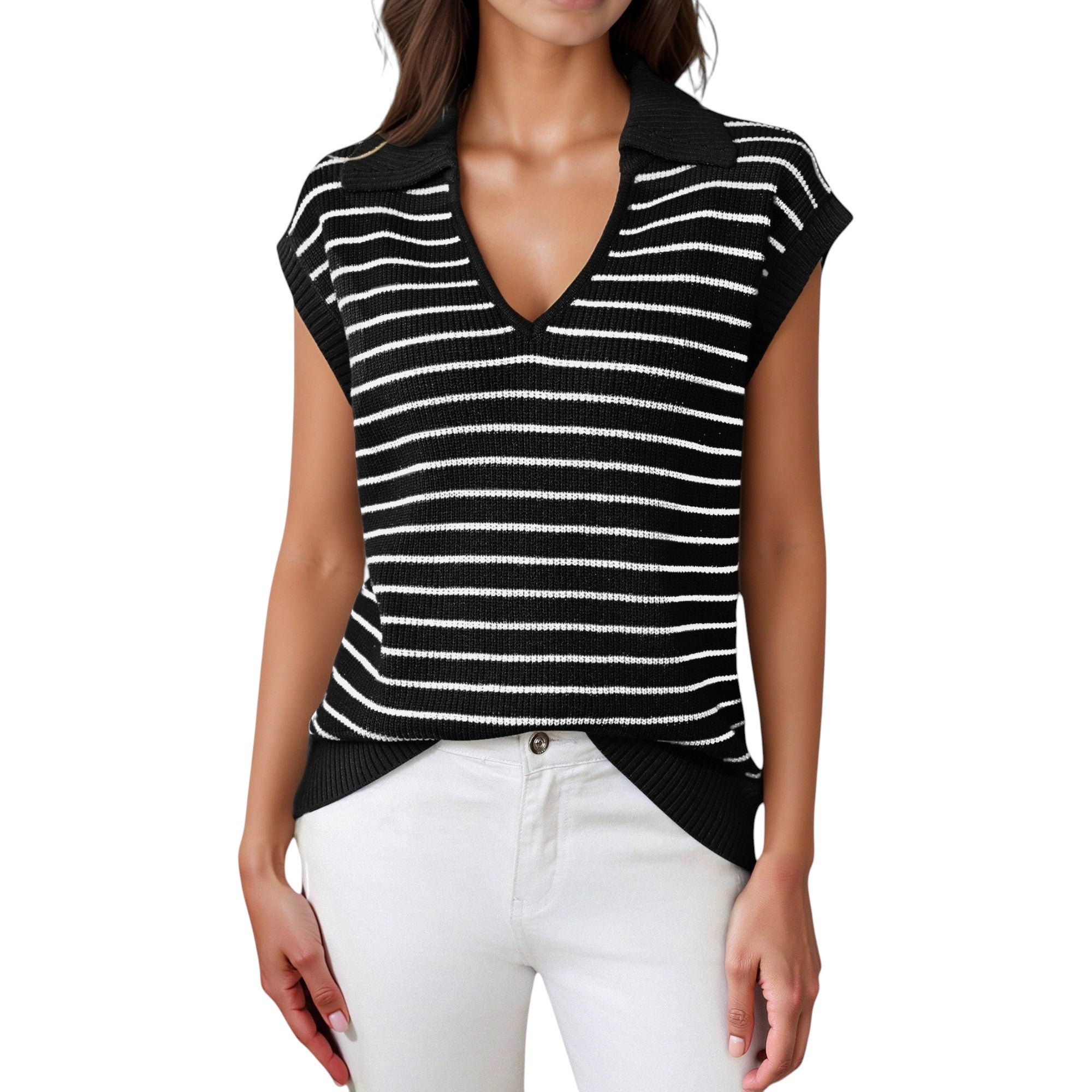 Anna-Kaci Women's Striped Collared Sleeveless Knit Top with Deep V-Neck and Ribbed Hem Detailing