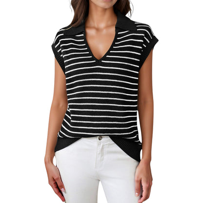 Anna-Kaci Women's Striped Collared Sleeveless Knit Top with Deep V-Neck and Ribbed Hem Detailing