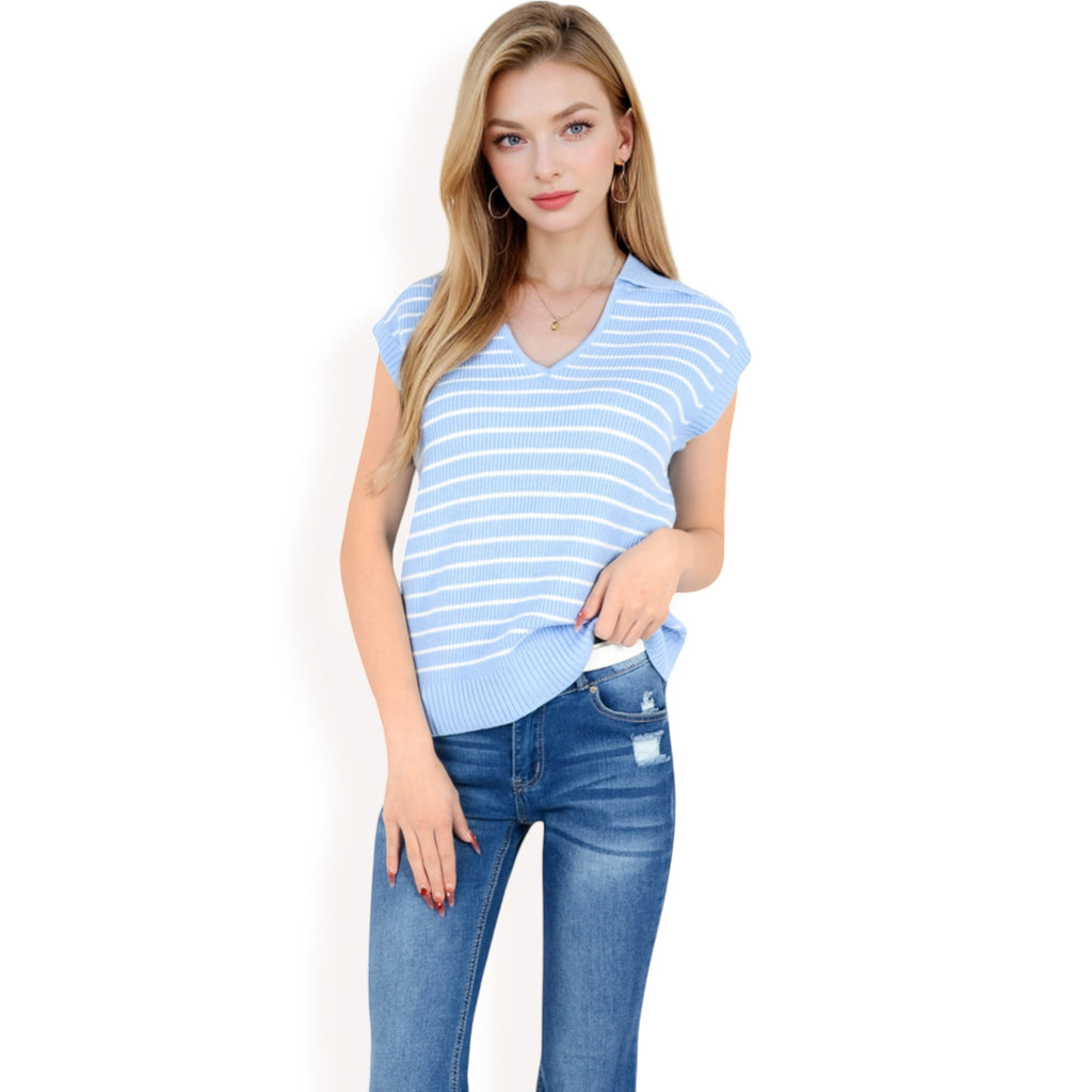 Anna-Kaci Women's Striped Knit Sleeveless Sweater Vest with Collared V-Neck