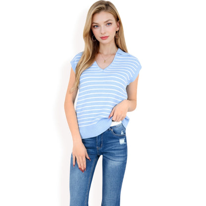 Anna-Kaci Women's Striped Knit Sleeveless Sweater Vest with Collared V-Neck