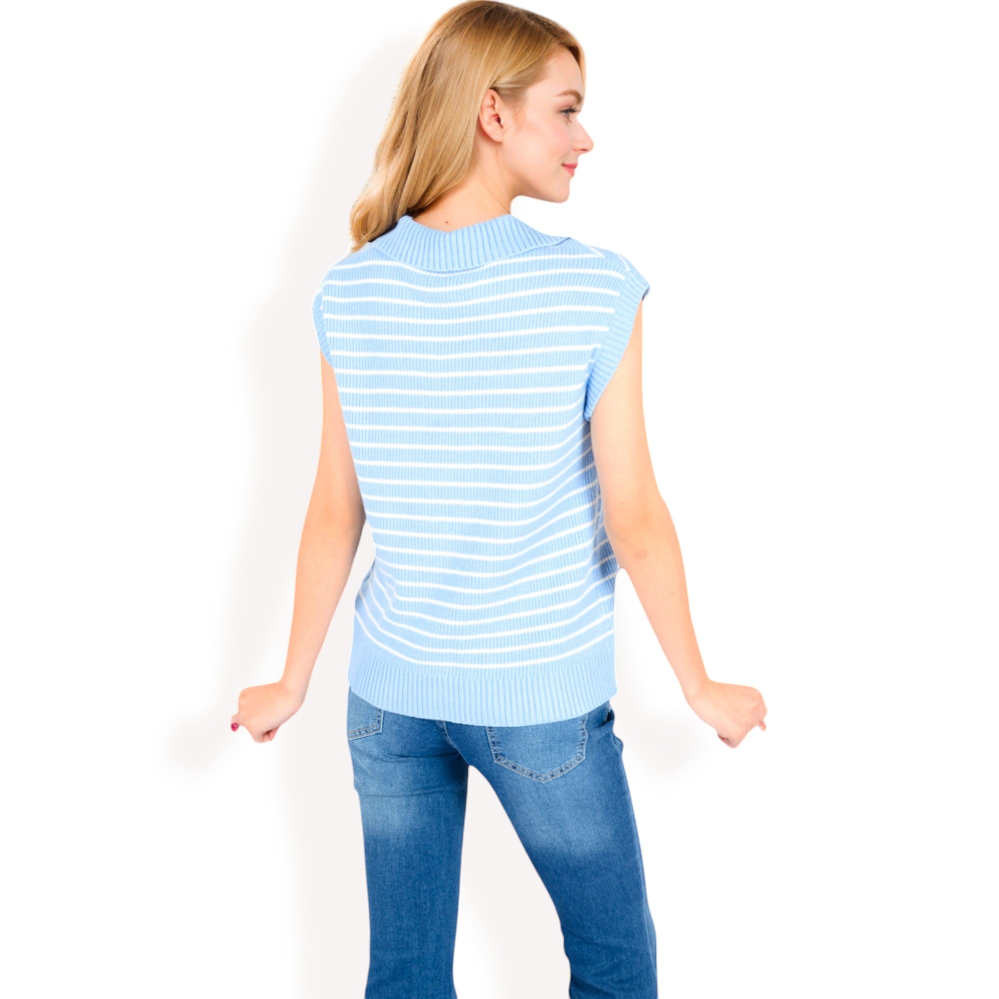 Anna-Kaci Women's Striped Knit Sleeveless Sweater Vest with Collared V-Neck