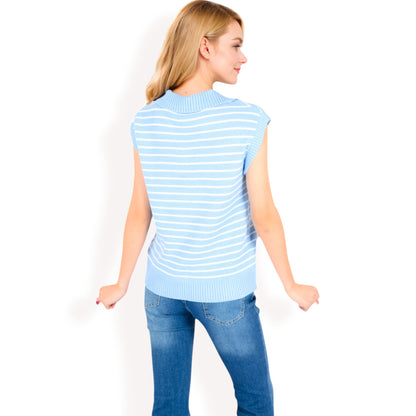 Anna-Kaci Women's Striped Knit Sleeveless Sweater Vest with Collared V-Neck