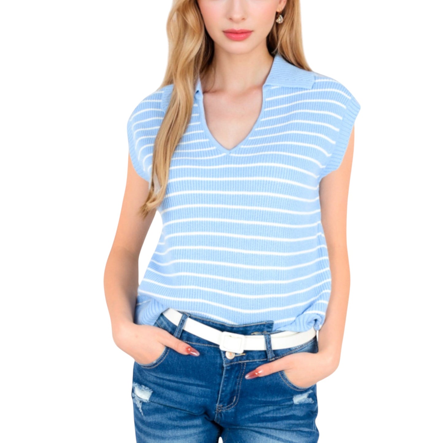 Anna-Kaci Women's Striped Collared Sleeveless Knit Top with Deep V-Neck and Ribbed Hem Detailing