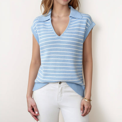 Anna-Kaci Women's Striped Collared Sleeveless Knit Top with Deep V-Neck and Ribbed Hem Detailing