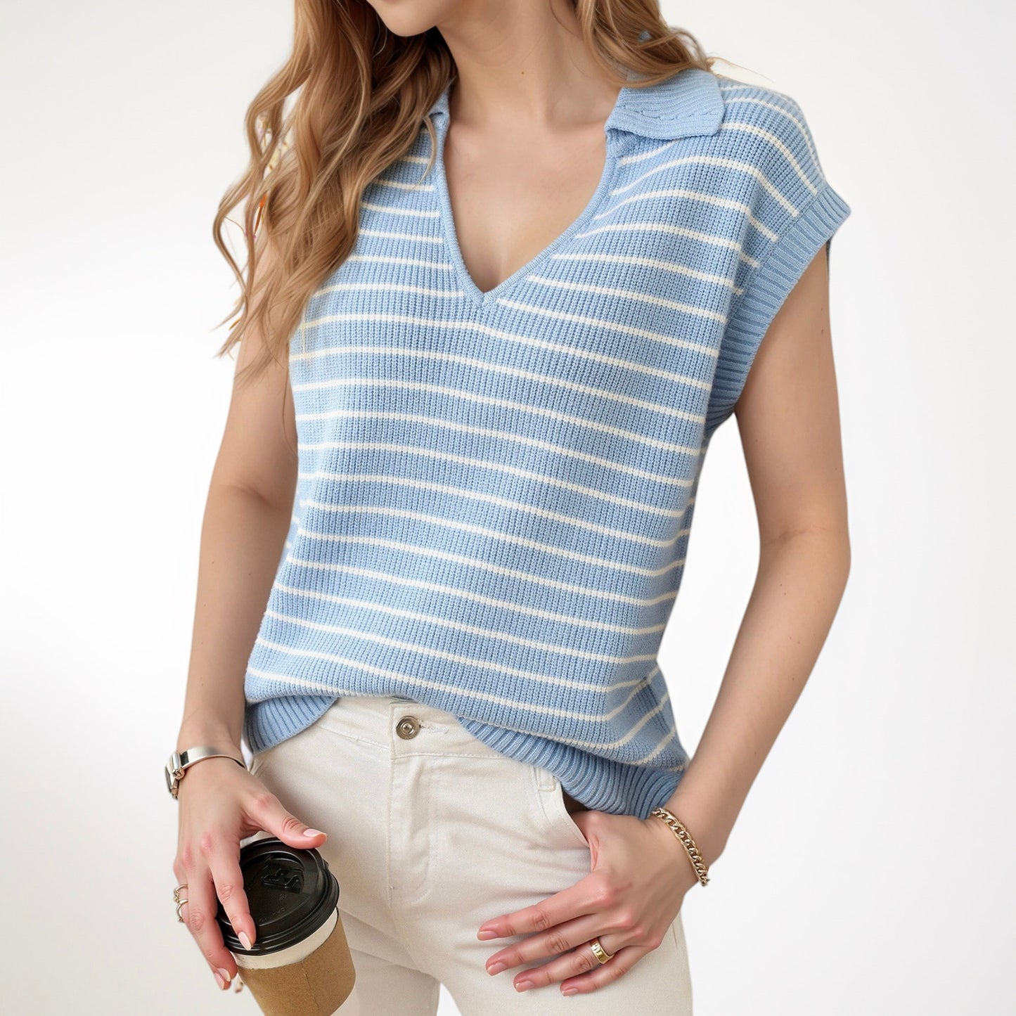 Anna-Kaci Women's Striped Collared Sleeveless Knit Top with Deep V-Neck and Ribbed Hem Detailing
