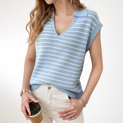 Anna-Kaci Women's Striped Collared Sleeveless Knit Top with Deep V-Neck and Ribbed Hem Detailing