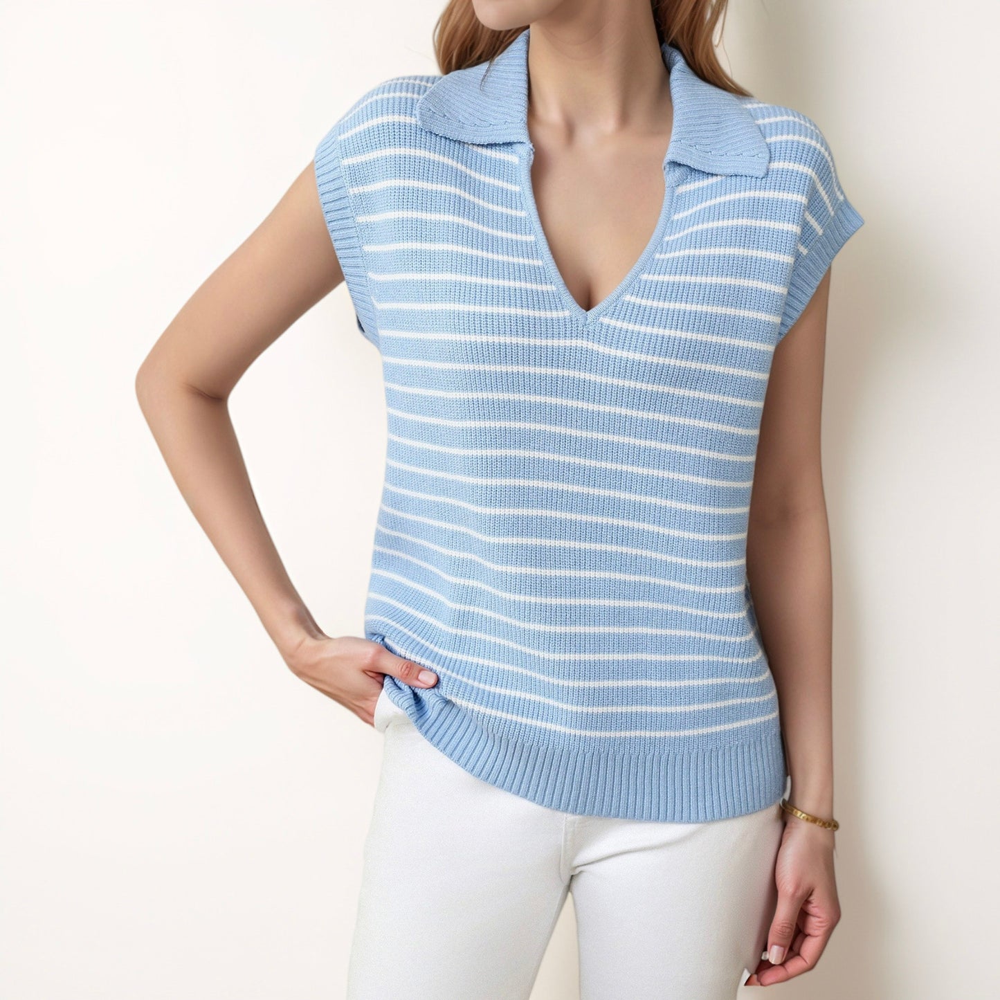 Anna-Kaci Women's Striped Collared Sleeveless Knit Top with Deep V-Neck and Ribbed Hem Detailing