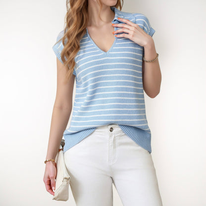 Anna-Kaci Women's Striped Collared Sleeveless Knit Top with Deep V-Neck and Ribbed Hem Detailing