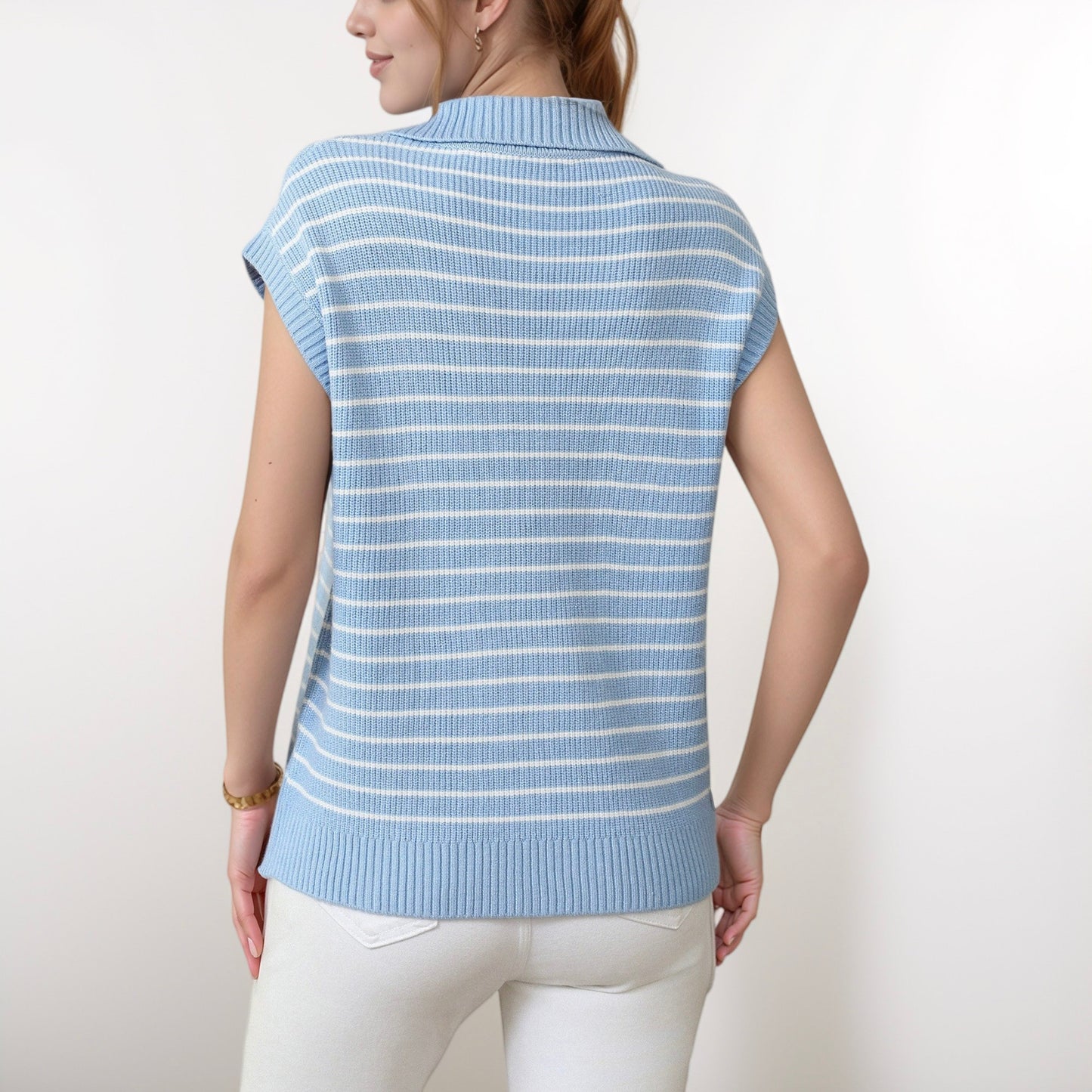 Anna-Kaci Women's Striped Collared Sleeveless Knit Top with Deep V-Neck and Ribbed Hem Detailing