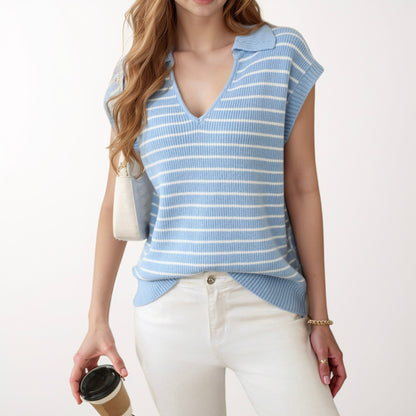 Anna-Kaci Women's Striped Collared Sleeveless Knit Top with Deep V-Neck and Ribbed Hem Detailing
