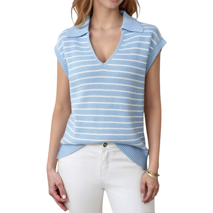 Anna-Kaci Women's Striped Collared Sleeveless Knit Top with Deep V-Neck and Ribbed Hem Detailing
