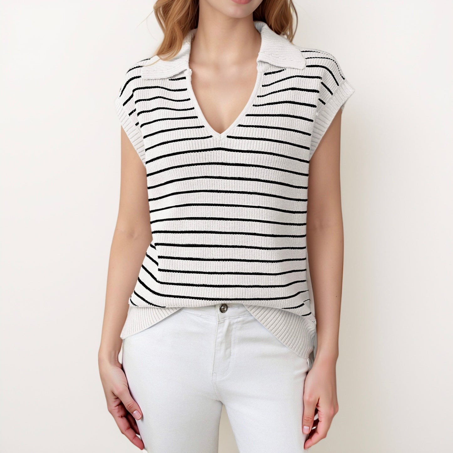 Anna-Kaci Women's Striped Collared Sleeveless Knit Top with Deep V-Neck and Ribbed Hem Detailing