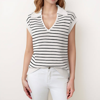 Anna-Kaci Women's Striped Collared Sleeveless Knit Top with Deep V-Neck and Ribbed Hem Detailing