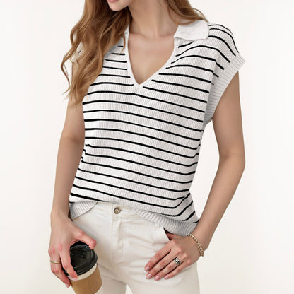 Anna-Kaci Women's Striped Collared Sleeveless Knit Top with Deep V-Neck and Ribbed Hem Detailing