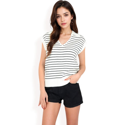 Anna-Kaci Women's Striped Knit Sleeveless Sweater Vest with Collared V-Neck
