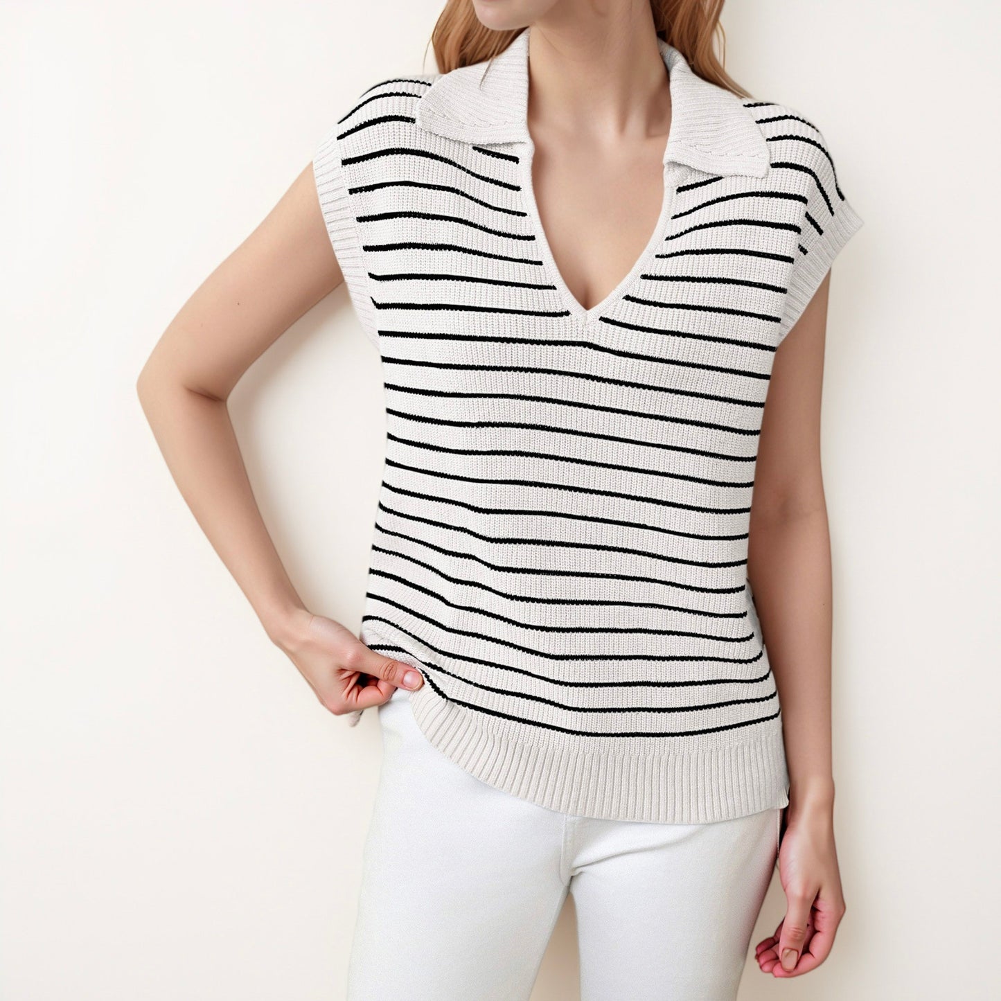Anna-Kaci Women's Striped Collared Sleeveless Knit Top with Deep V-Neck and Ribbed Hem Detailing