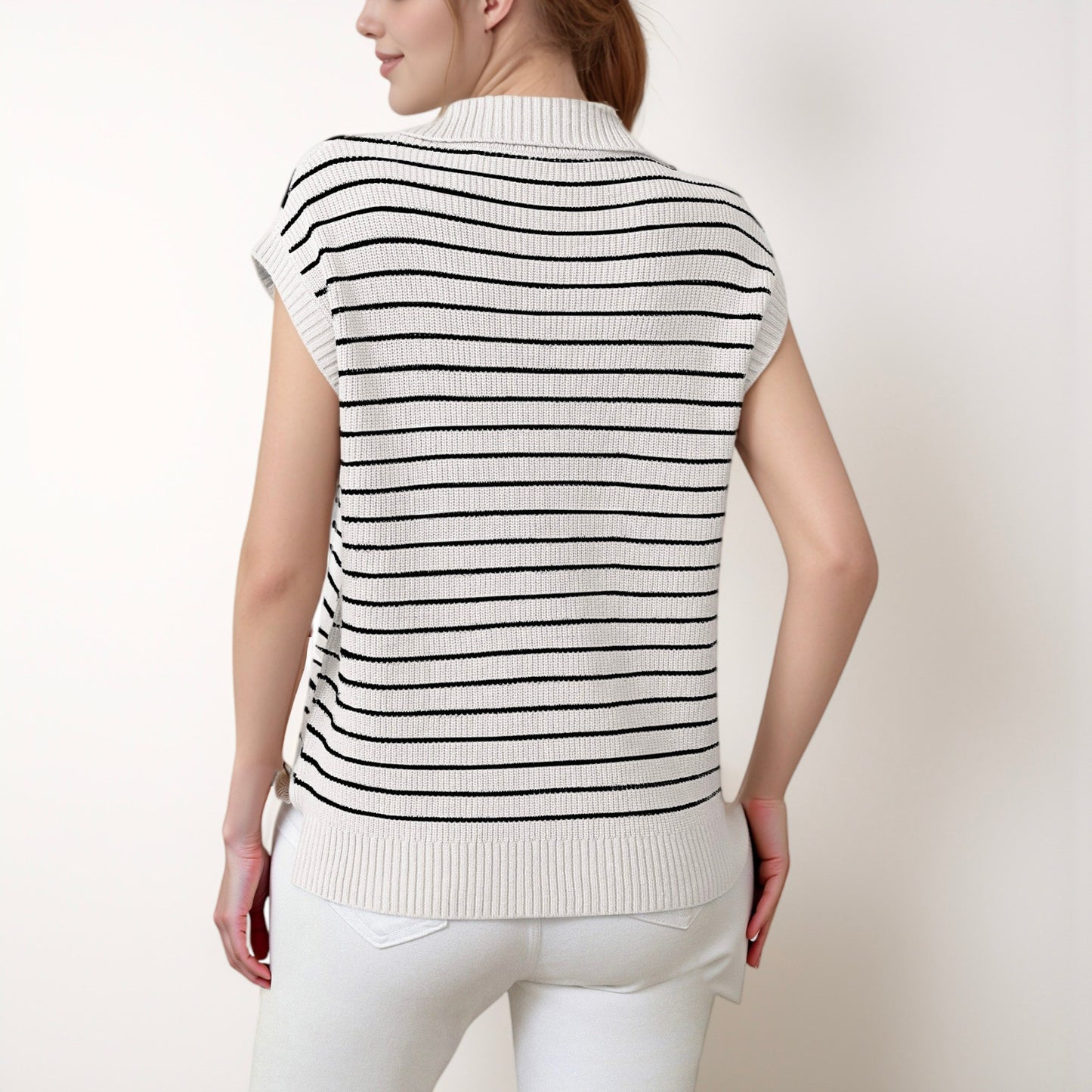 Anna-Kaci Women's Striped Collared Sleeveless Knit Top with Deep V-Neck and Ribbed Hem Detailing
