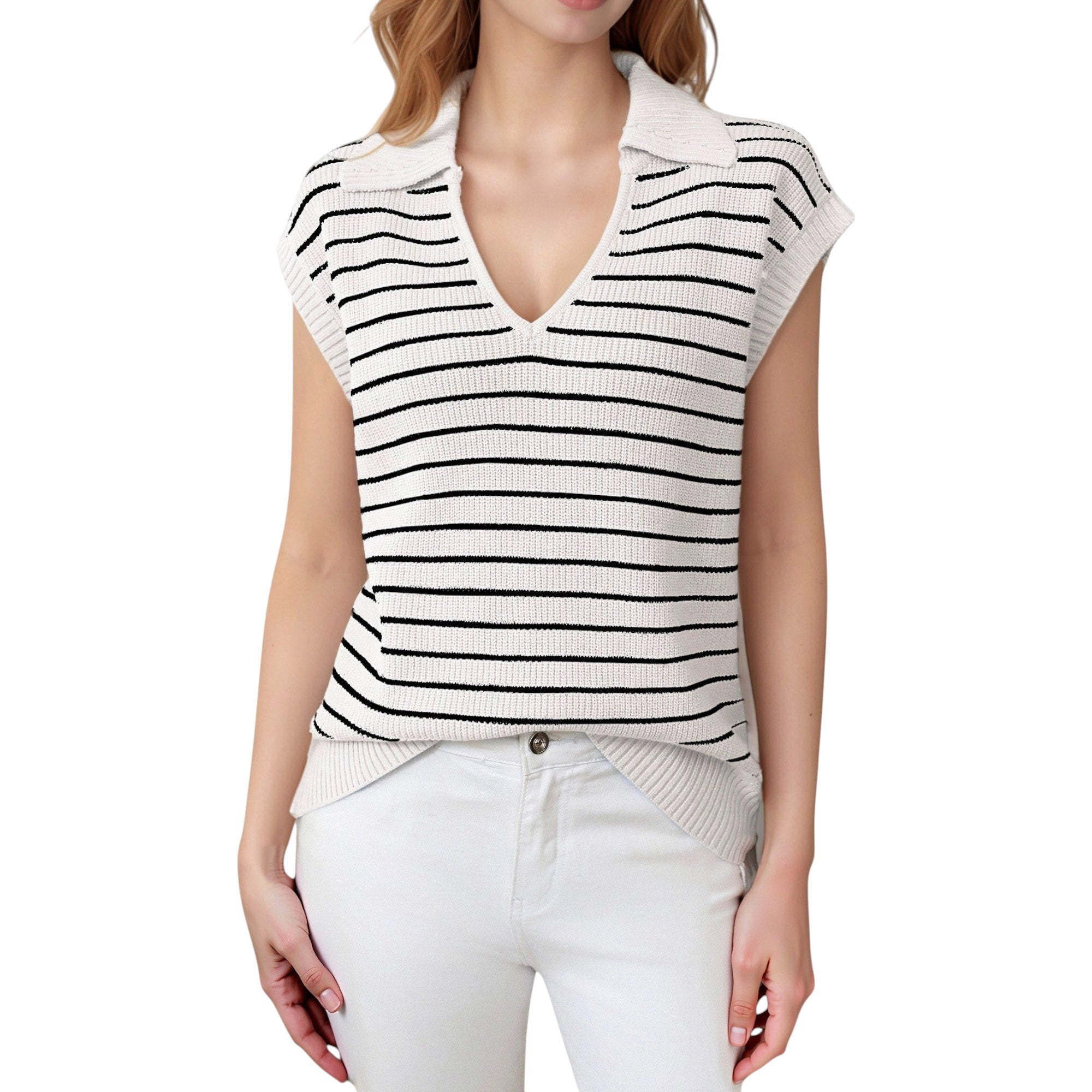 Anna-Kaci Women's Striped Collared Sleeveless Knit Top with Deep V-Neck and Ribbed Hem Detailing