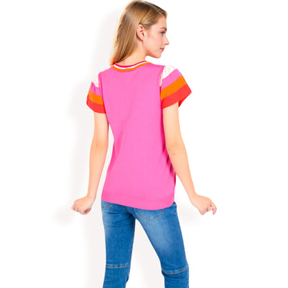 Anna-Kaci Women's Colorblock Knit Short Sleeve Top with Bold Striped Sleeves