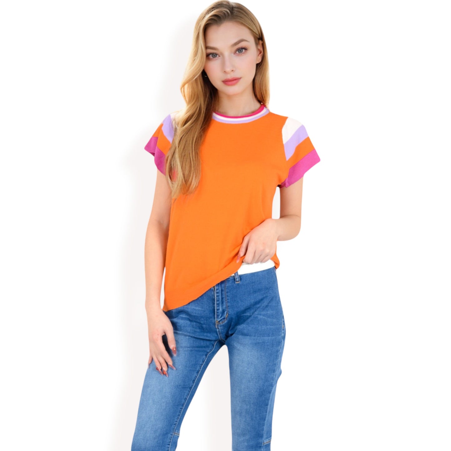 Anna-Kaci Women's Colorblock Knit Short Sleeve Top with Bold Striped Sleeves