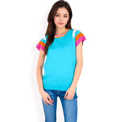 Anna-Kaci Women's Colorblock Knit Short Sleeve Top with Bold Striped Sleeves