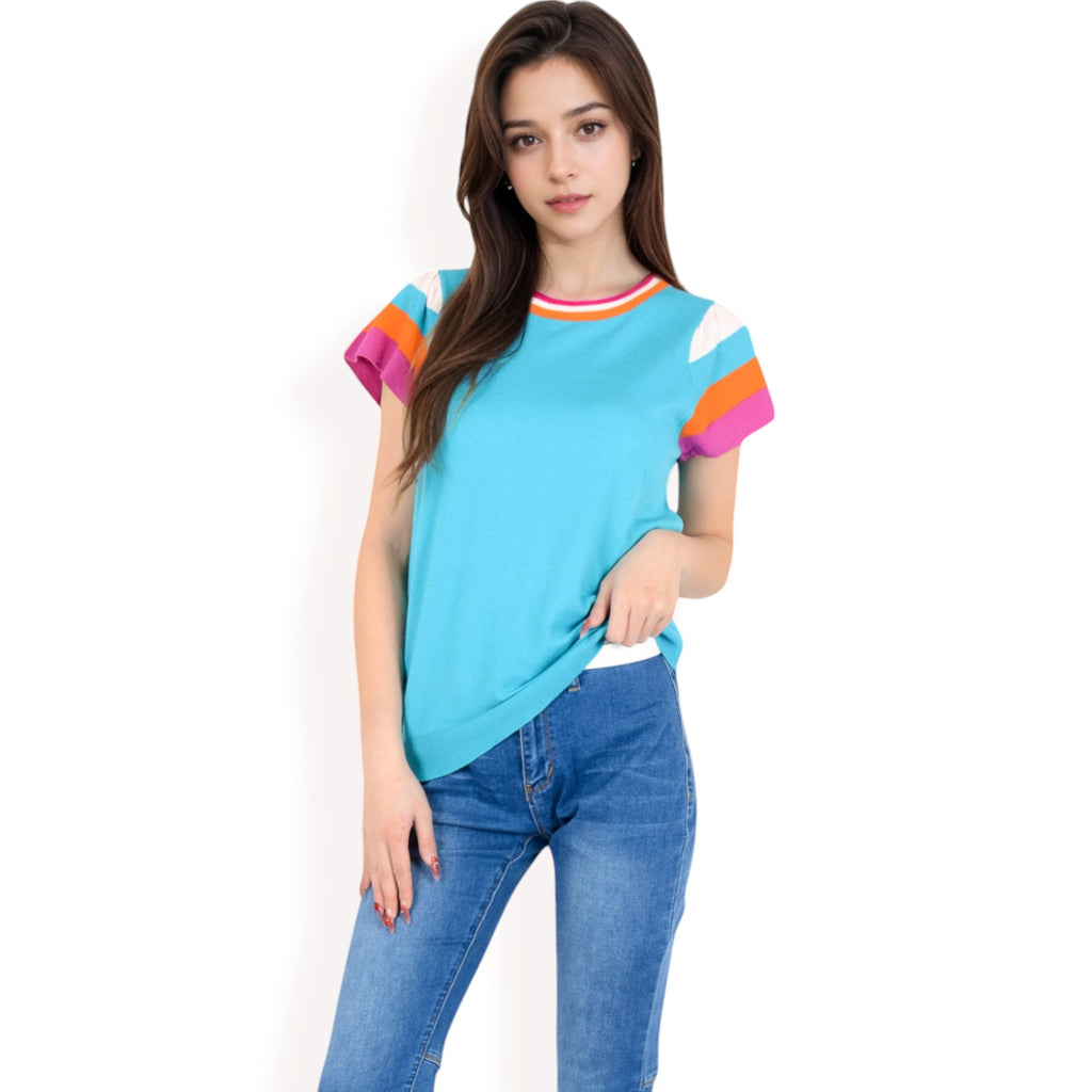 Anna-Kaci Women's Colorblock Knit Short Sleeve Top with Bold Striped Sleeves