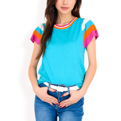 Anna-Kaci Women's Colorblock Knit Short Sleeve Top with Bold Striped Sleeves