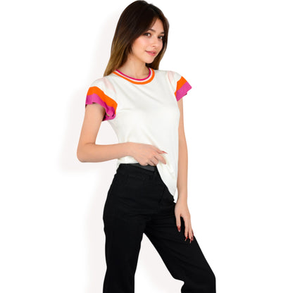 Anna-Kaci Women's Colorblock Knit Short Sleeve Top with Bold Striped Sleeves