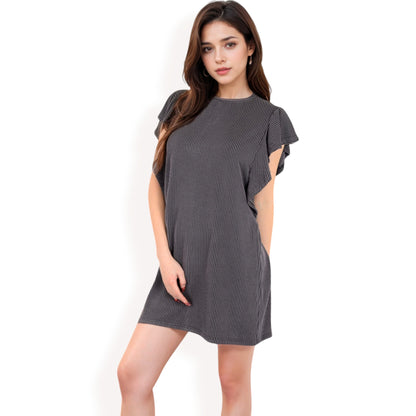 Anna-Kaci Women's Ruffle Sleeve Textured Knit Mini Shift Dress