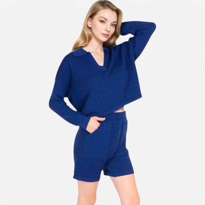 Anna-Kaci Women's Textured Long Sleeve Pullover and Shorts Set with Collared Neckline