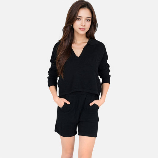 Anna-Kaci Women's Textured Long Sleeve Pullover and Shorts Set with Collared Neckline
