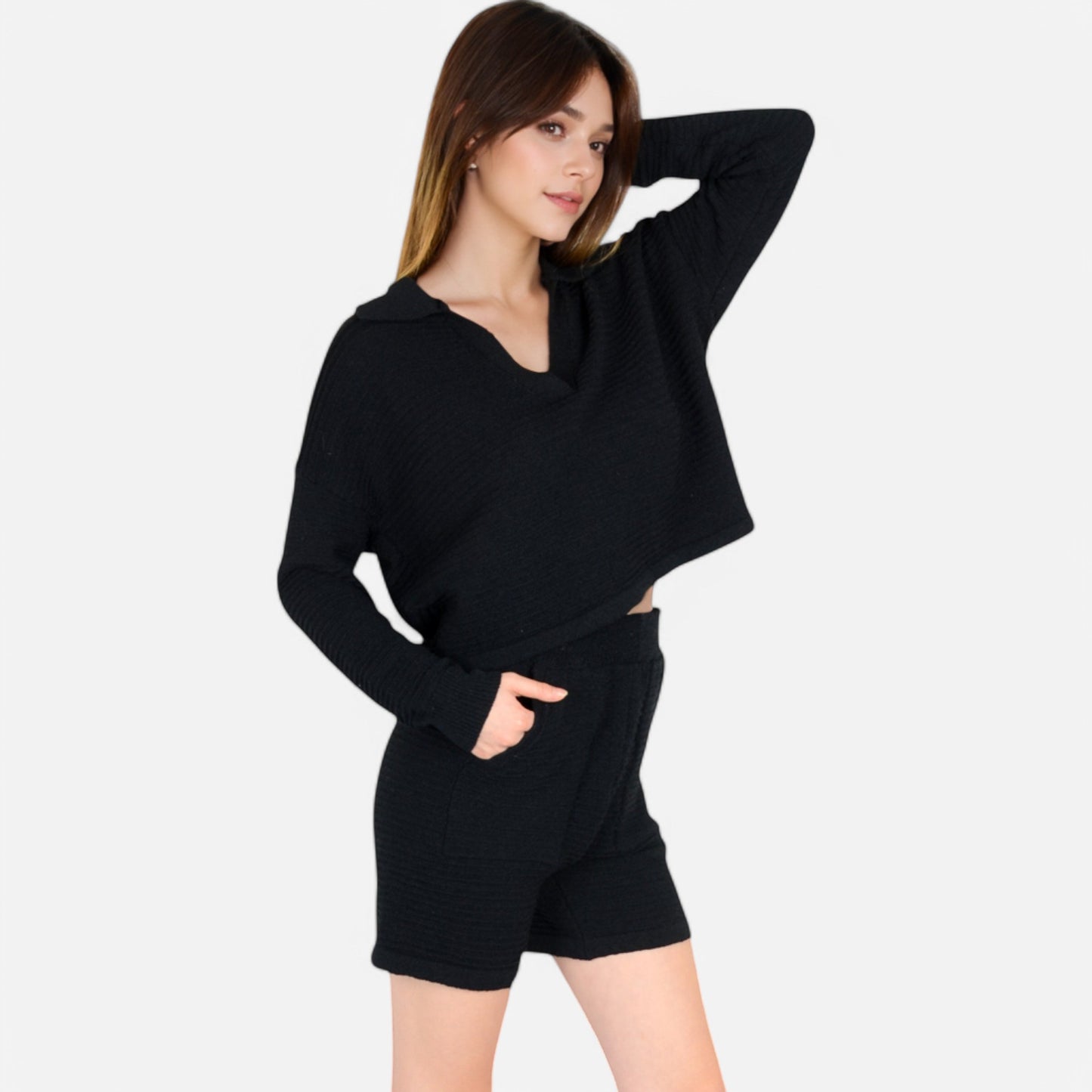 Anna-Kaci Women's Textured Long Sleeve Pullover and Shorts Set with Collared Neckline