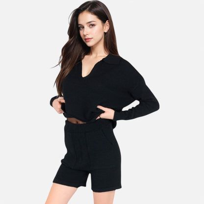 Anna-Kaci Women's Textured Long Sleeve Pullover and Shorts Set with Collared Neckline