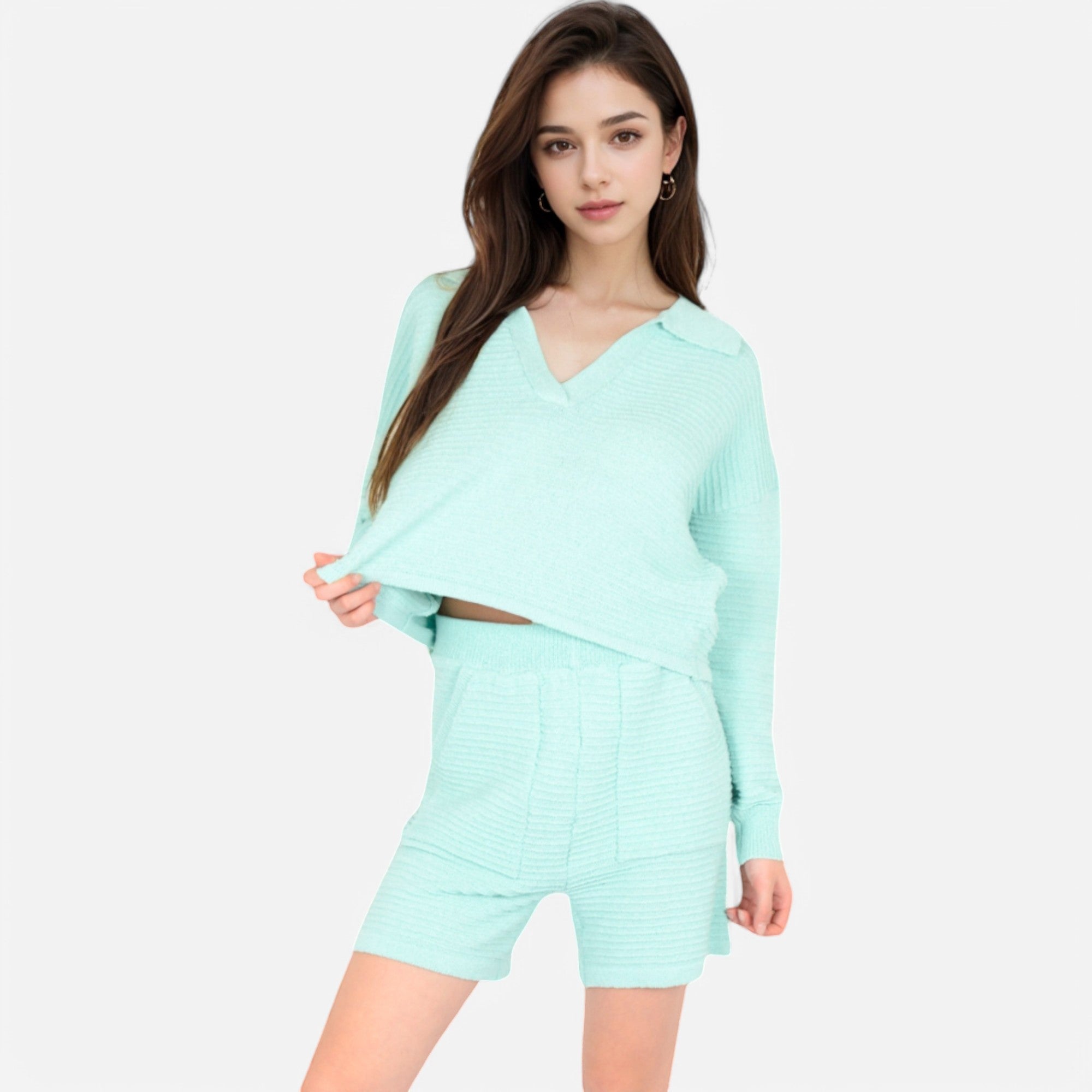 Anna-Kaci Women's Textured Long Sleeve Pullover and Shorts Set with Collared Neckline