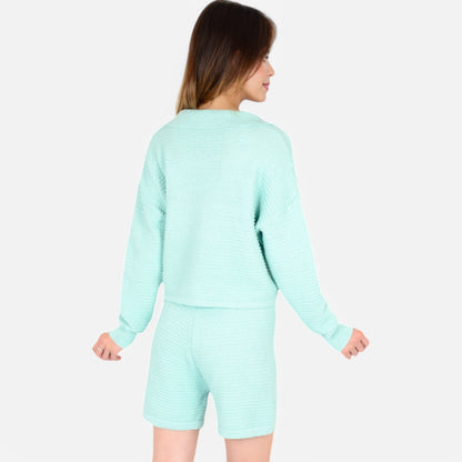 Anna-Kaci Women's Textured Long Sleeve Pullover and Shorts Set with Collared Neckline