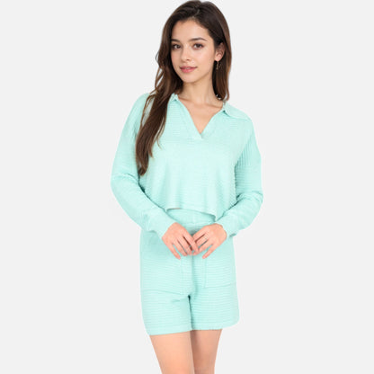 Anna-Kaci Women's Textured Long Sleeve Pullover and Shorts Set with Collared Neckline