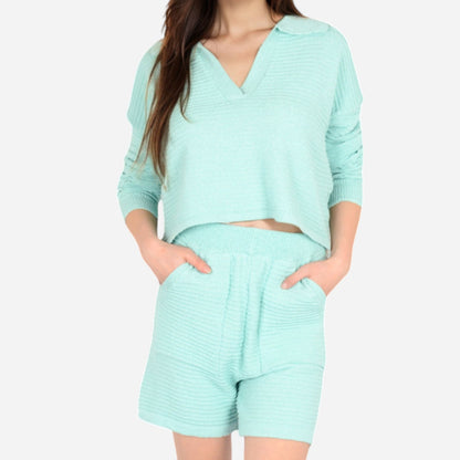 Anna-Kaci Women's Textured Long Sleeve Pullover and Shorts Set with Collared Neckline