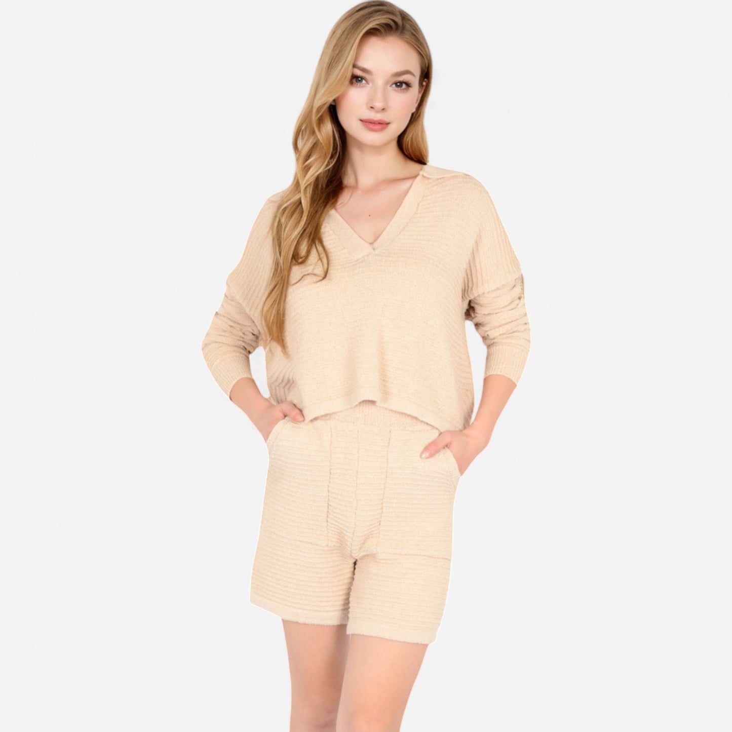 Anna-Kaci Women's Textured Long Sleeve Pullover and Shorts Set with Collared Neckline