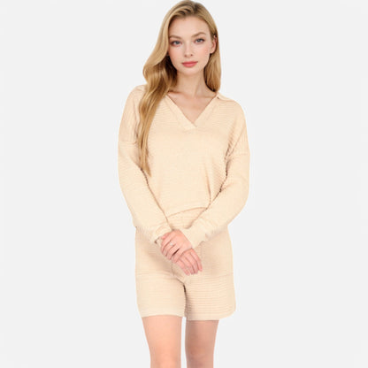 Anna-Kaci Women's Textured Long Sleeve Pullover and Shorts Set with Collared Neckline