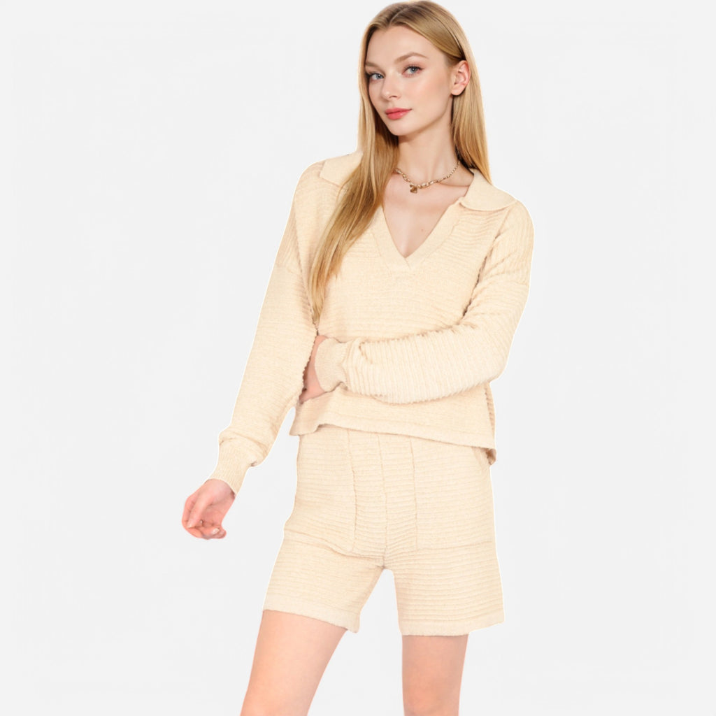 Anna-Kaci Women's Textured Long Sleeve Pullover and Shorts Set with Collared Neckline