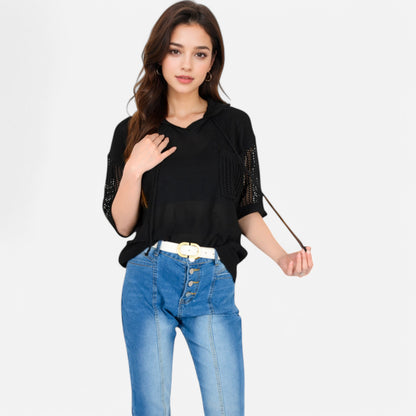 Anna-Kaci Women's Textured Knit Hooded Pullover with Short Sleeves and Drawstring Detail