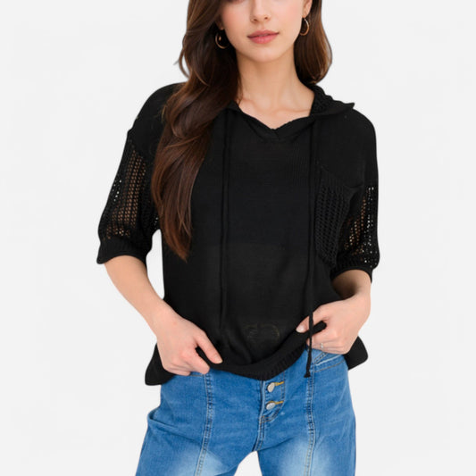 Anna-Kaci Women's Textured Knit Hooded Pullover with Short Sleeves and Drawstring Detail