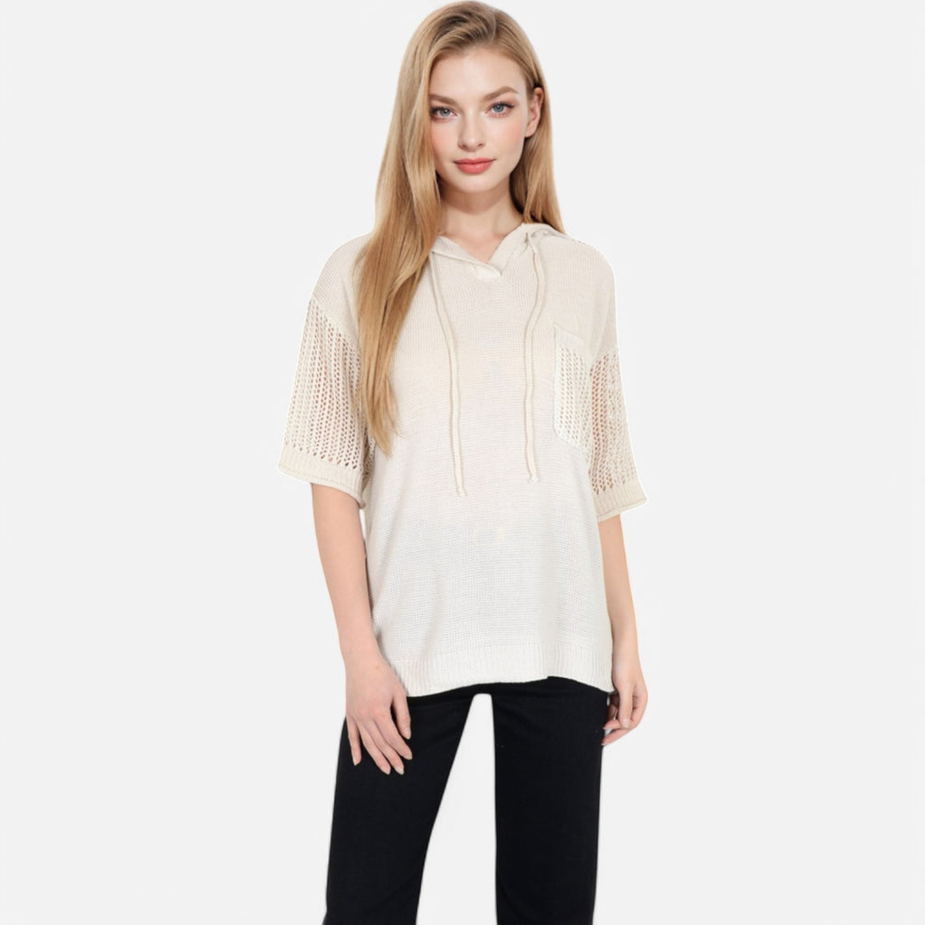 Anna-Kaci Women's Textured Knit Hooded Pullover with Short Sleeves and Drawstring Detail