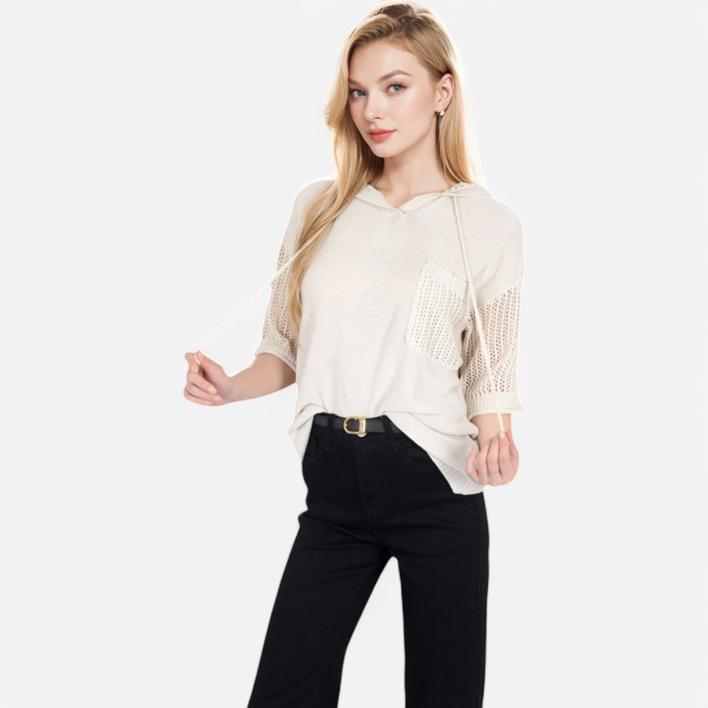 Anna-Kaci Women's Textured Knit Hooded Pullover with Short Sleeves and Drawstring Detail