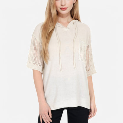 Anna-Kaci Women's Textured Knit Hooded Pullover with Short Sleeves and Drawstring Detail