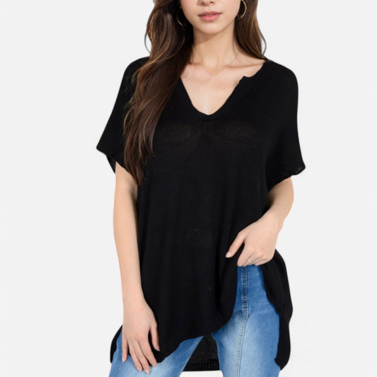 Anna-Kaci Women's V-Neck Knit Top with Short Sleeves and Relaxed Fit