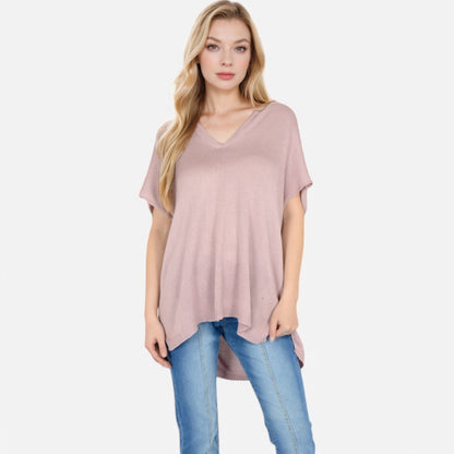 Anna-Kaci Women's V-Neck Knit Top with Short Sleeves and Relaxed Fit