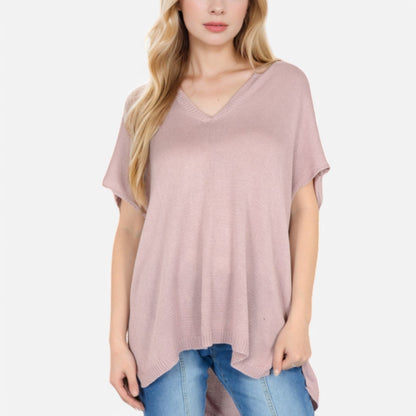 Anna-Kaci Women's V-Neck Knit Top with Short Sleeves and Relaxed Fit
