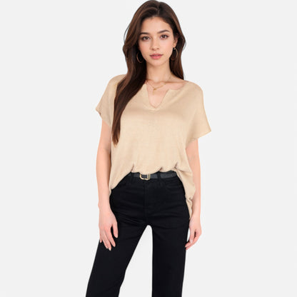 Anna-Kaci Women's V-Neck Knit Top with Short Sleeves and Relaxed Fit