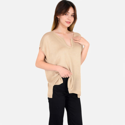 Anna-Kaci Women's V-Neck Knit Top with Short Sleeves and Relaxed Fit
